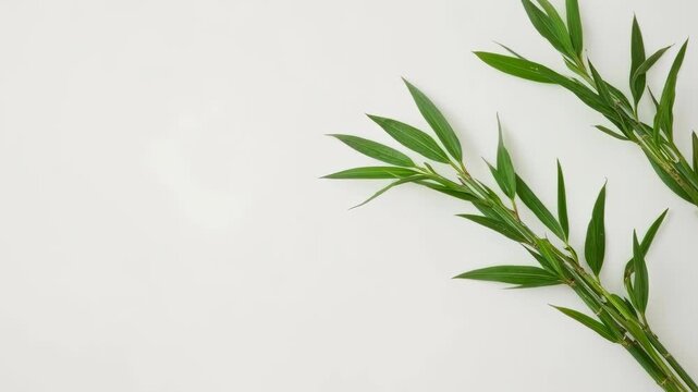 Green bamboo leaves and branch on white background with calm minimal plant layout