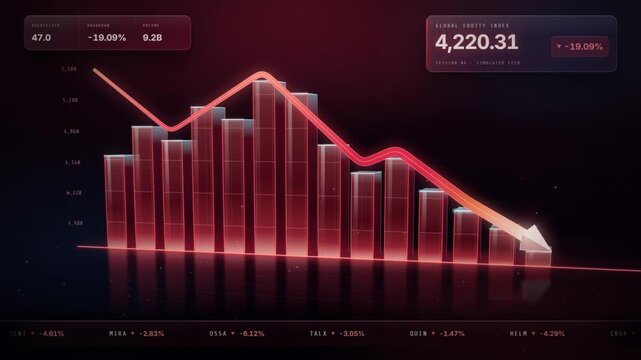 Financial Loss Dashboard Animation with Declining Bar Chart and Red Arrow Seamless Loop