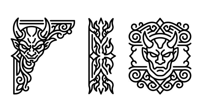 Set of decorative devil ornaments and ornate border frames with ornament illustration monochrome mythology mystical decorative abstract creative folklore detailed collection
