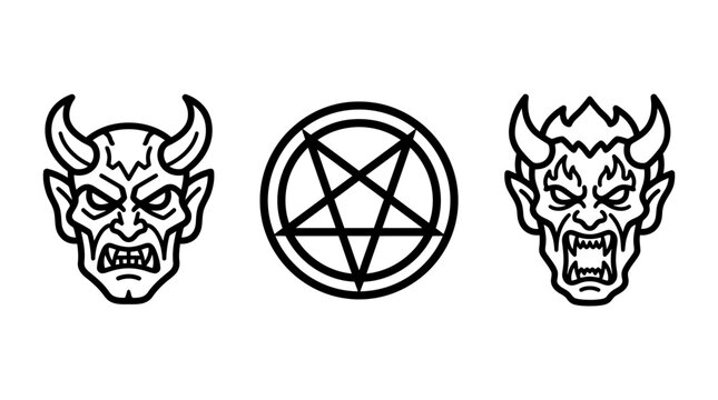 Devil heads and pentagram symbol line art icon set with pentagram mythology collection supernatural illustration isolated background character folklore minimalist creative esoteric