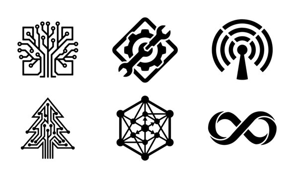 Modern Technology Icons Set, Digital Circuit Tree, Wireless Signal, Infinity Symbol, Geometric Network, Engineering Tools, Vector Graphics for Innovation and Connectivity