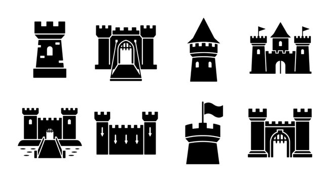 Medieval Castle Icons, Fortress Silhouettes, Royal Palace Vector Set, Fantasy Architecture Graphics