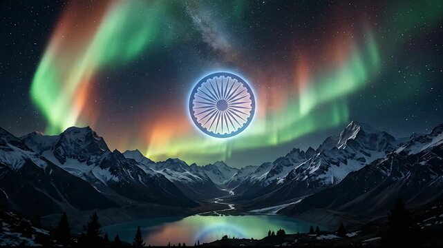 Spectacular Northern Lights Display Over Snow-Covered Mountain Landscape with Reflection in a serene lake and symbolic emblem