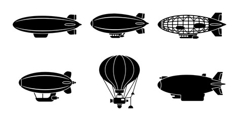 Airship and Hot Air Balloon Silhouettes, Vintage Zeppelin Icons, Retro Dirigible Vector Collection, Aviation Transportation Graphics © Jabed