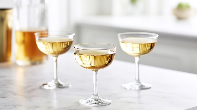mixology. Three elegant cocktail glasses placed on a marble countertop, captured from a 45-degree overhead angle with golden lighting. bar promotions.