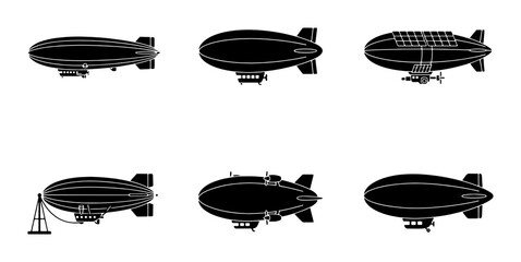 Vintage Airship Collection, Retro Blimp Icons, Classic Zeppelin Silhouettes, Set of 6 Black Vector Illustrations for Transport and Travel © Jabed