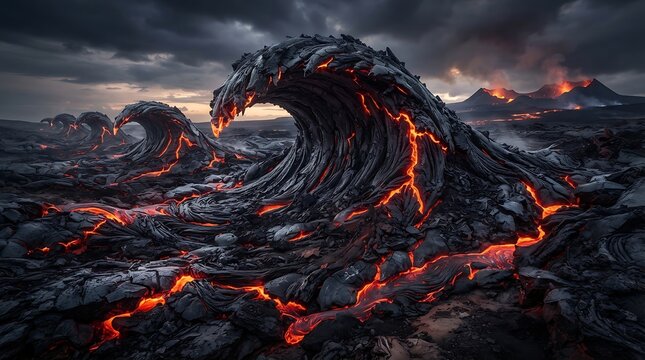 Surreal volcanic landscape featuring frozen magma waves under a dark dramatic stormy sky horizon