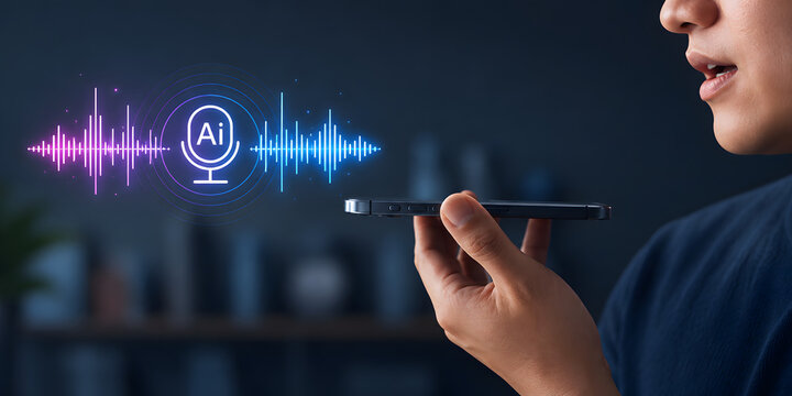 Person speaking into smartphone with glowing AI voice wave and microphone hologram for digital speech recognition.