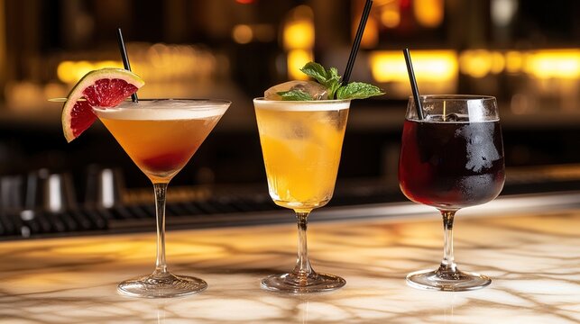 mixology. Three elegant cocktail glasses placed on a marble countertop, captured from a 45-degree overhead angle with golden lighting. bar promotions.