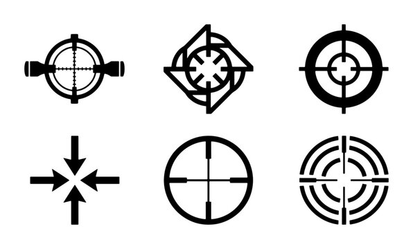 Crosshair Target Icons Set, Sniper Scope Symbols, Aiming Reticle Graphics, Precision Focus Vector Collection