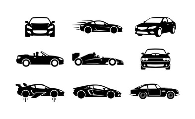 Fototapeta premium Diverse Sports Car Collection, Sleek Automotive Icons, Modern Vehicle Silhouettes, Vector Set for Transportation and Speed Graphics