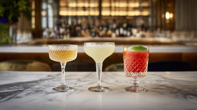 mixology. Three elegant cocktail glasses placed on a marble countertop, captured from a 45-degree overhead angle with golden lighting. bar promotions.