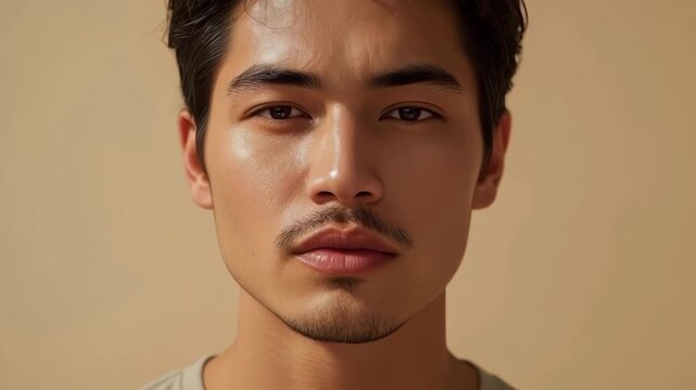 Male portrait young adult asian mustache goatee neutral expression beige background studio lighting