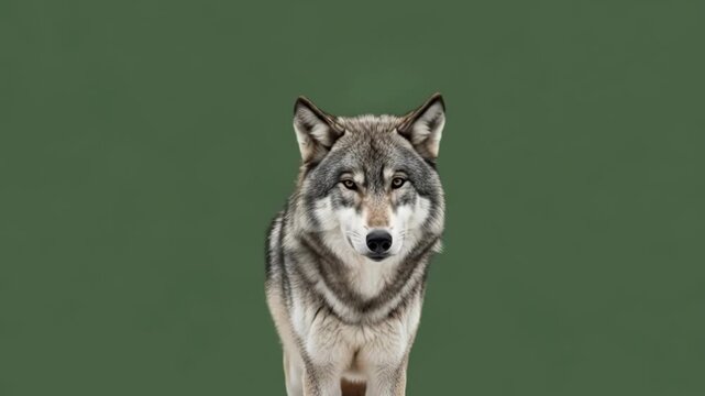 A majestic gray wolf looking forward against a solid olive green background