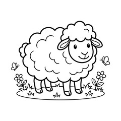 Obraz premium A cute cartoon sheep standing in a meadow with flowers and butterflies in a simple black and white outline