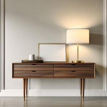Mid century modern wooden console table, gold accent lamp, neutral wall, empty frame, minimalist decor, warm lighting