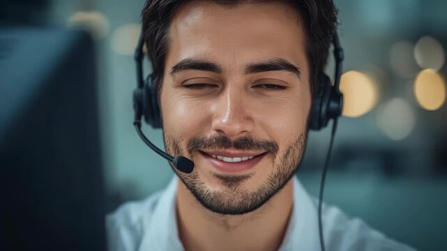 Smiling man headset customer support call in office workspace portrait