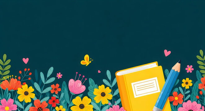 Back to school illustration with open book pencil and floral decoration on teal background