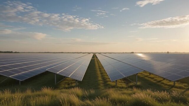 Solar panel farm array in open field at sunrise with sunlight reflecting on glass panels