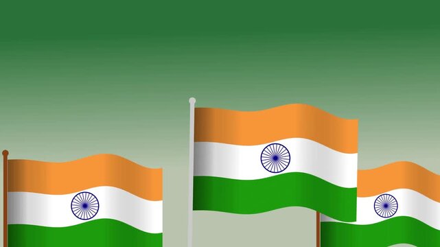 Three waving india national flags with orange white and green stripes and a blue wheel symbol on a simple green background for independence day celebration