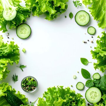 Fresh green vegetables arranged in a circular pattern on white background.