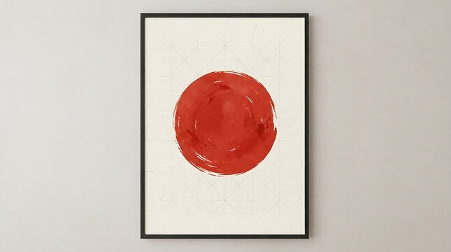 Minimalist red brushstroke circle wall art framed poster against neutral white interior wall