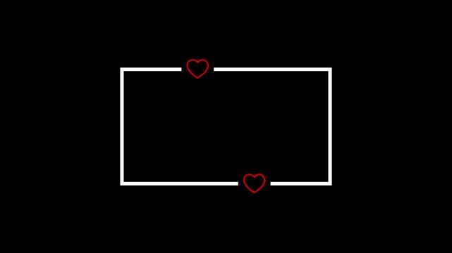 Minimalist white rectangle frame with glowing red hearts appearing on black background for romantic love video projects.