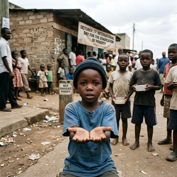 Young boy reaching out in impoverished community setting.