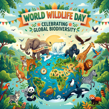 World Wildlife Day conservation poster with globe and animals.