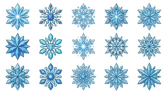 Collection of blue snowflake patterns in winter style isolated on transparent background