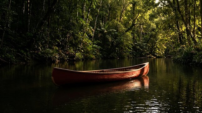 Red wooden canoe floating on a calm jungle river