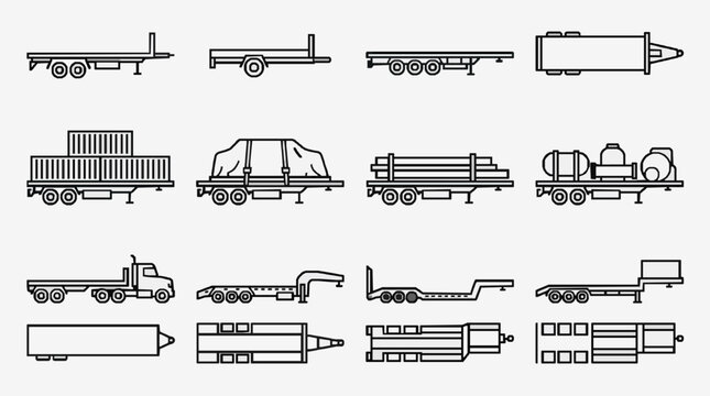 Professional Black and White Line Drawing Set of Various Types of Trailers and Trucks for Transport and Logistics