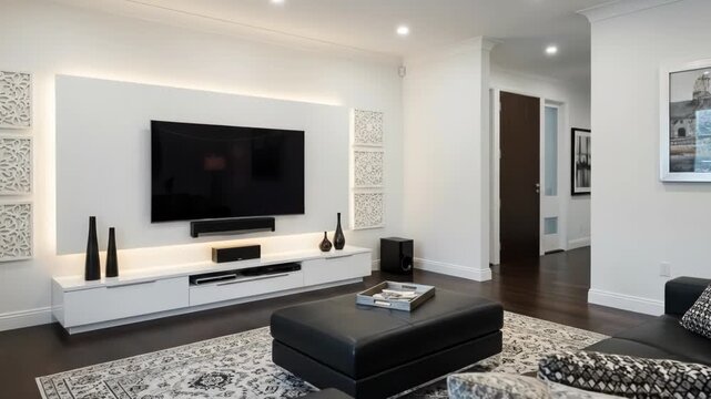 A modern living room featuring a sleek wall mounted television and decor