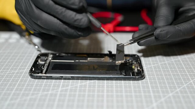 Professional technician repairing a smartphone using a multimeter for circuit diagnostics in an electronics workshop. Ideal for technology, repair service, and engineering
