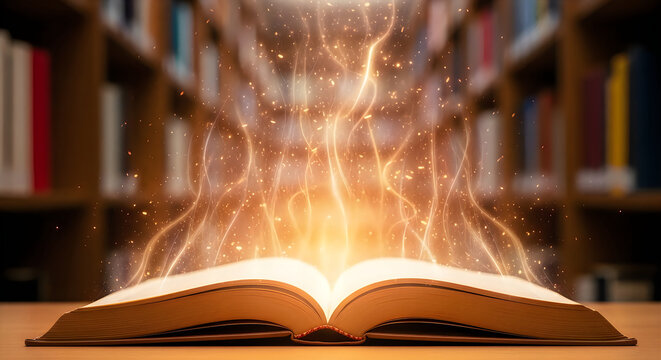 Open book with glowing magical light emanating from pages in a library setting