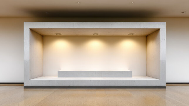 Minimal recessed wall niche smooth concrete bench modern lighting interior design neutral color spacious gallery