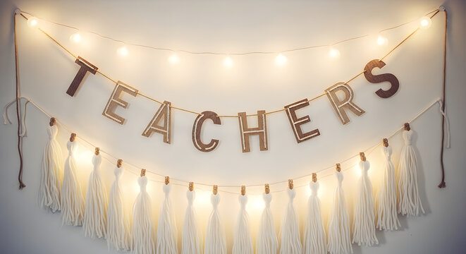 Teachers banner with string lights and tassels on a white wall for appreciation