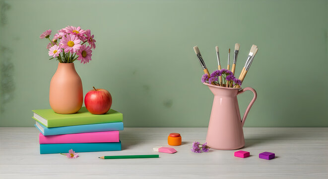Still life arrangement with daisies paintbrushes books and fruit on a light surface