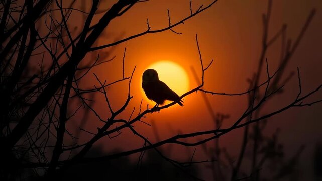 Owl silhouette on branch at sunset, orange sky glow and bare tree branches