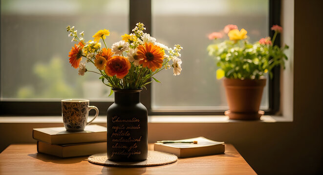 Bright bouquet of orange and yellow gerbera daisies in a vase with coffee and books
