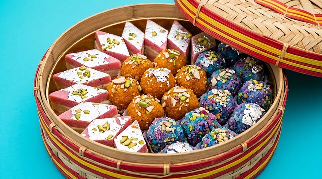 A traditional bamboo basket filled with assorted indian sweets for a festive happy diwali celebration gift