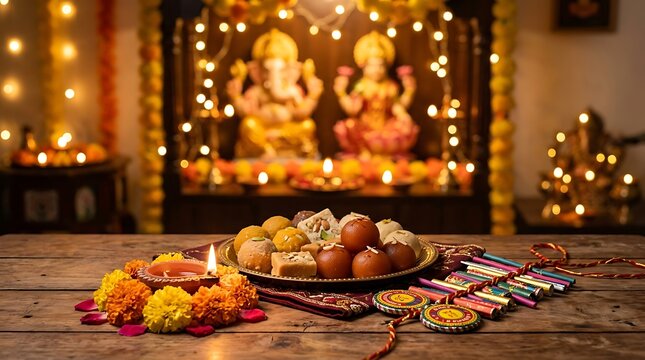 A festive happy diwali celebration featuring traditional oil lamps and indian sweets in front of hindu deities