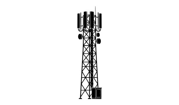 Cellular Network Tower Black Silhouette Vector on White Background