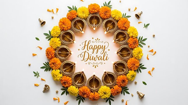 Top view of a beautiful floral wreath with traditional oil lamps and happy diwali greeting text
