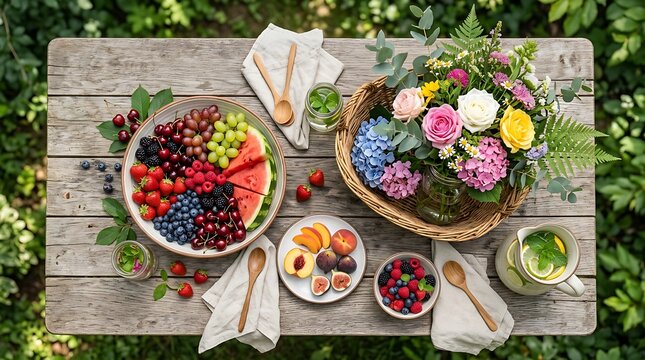 Fresh summer fruit spread with flowers on a rustic wooden table