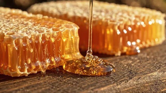 Pure Golden Liquid Honey Pouring Over Fresh Raw Honeycomb