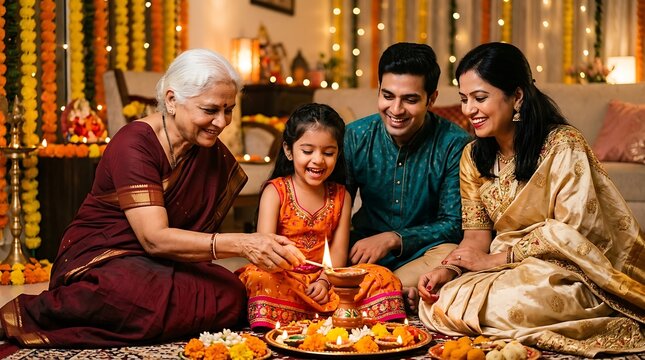 A joyful indian family celebrating happy diwali by lighting traditional oil lamps together in their decorated home
