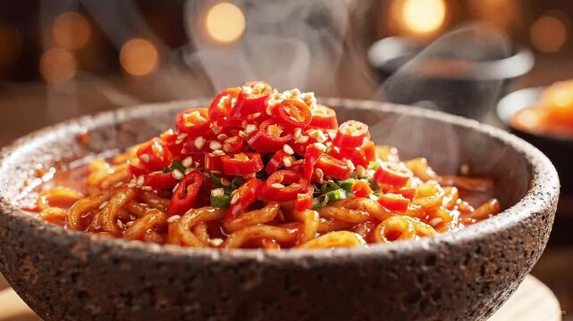 Sliced Red Chilies and Sesame Seeds Dropping onto Hot Steaming Ramen