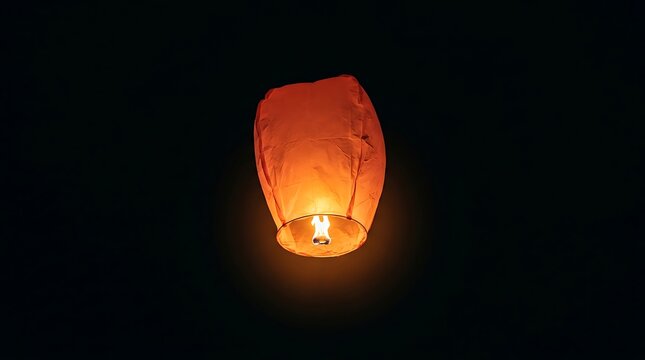A single glowing paper sky lantern floating in the dark night sky for a happy diwali celebration