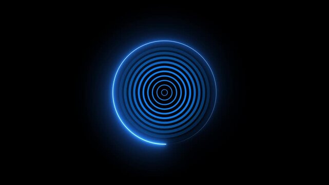 Blue neon concentric circles loading animation loop, glowing digital abstract background